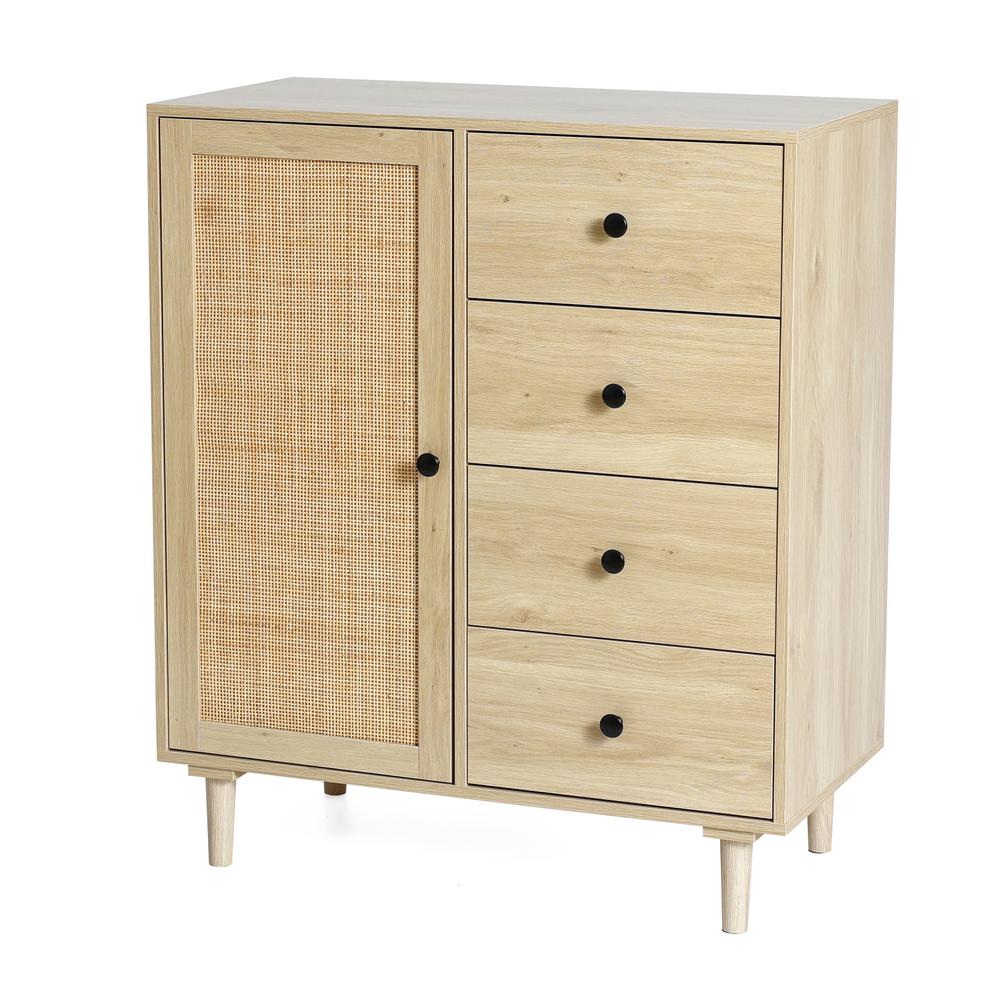 White Oak Finish Wood and Rattan 1-Door 4-Drawer Storage Cabinet. Picture 3