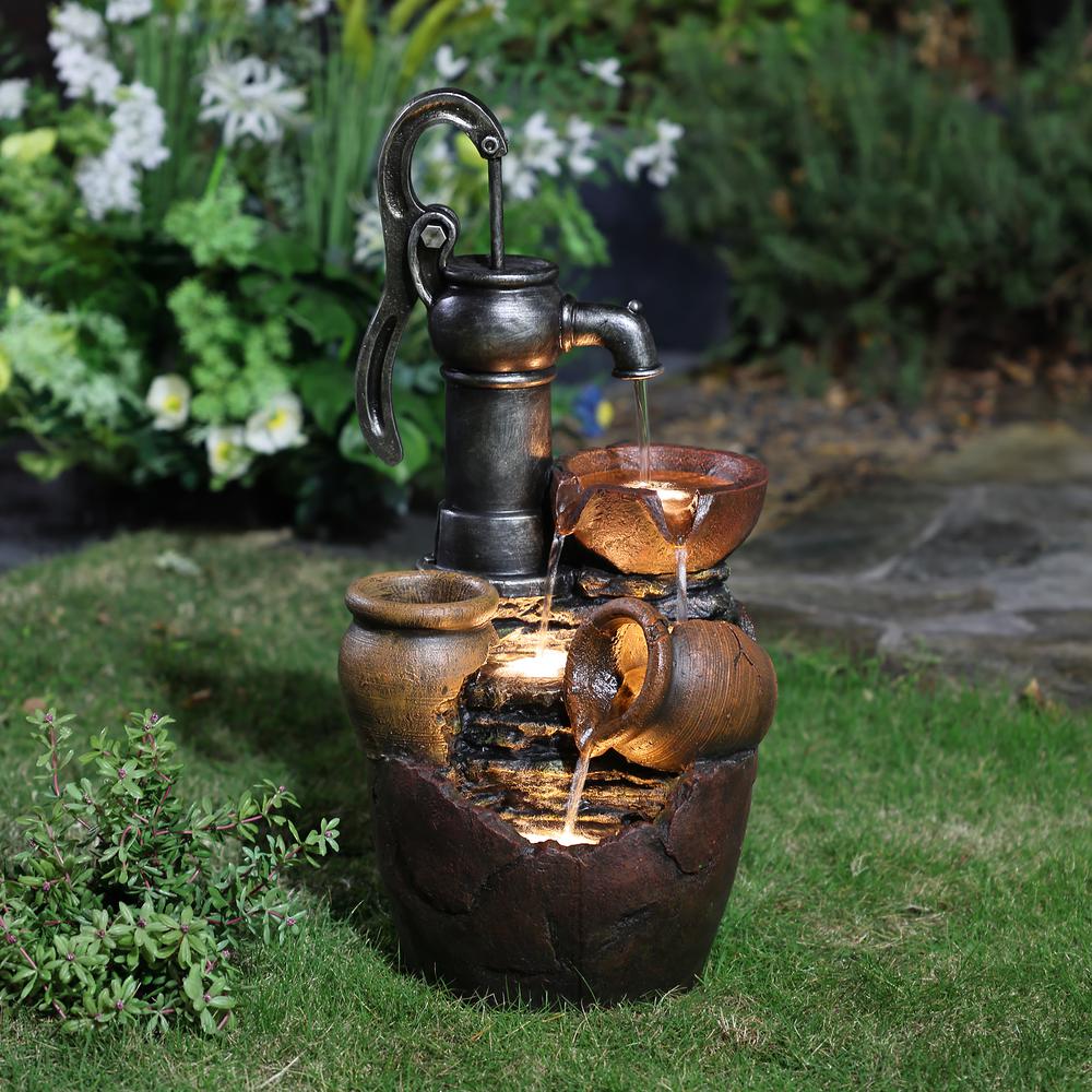 Farmhouse Pump and Pots Resin Outdoor Fountain with LED Lights. Picture 2
