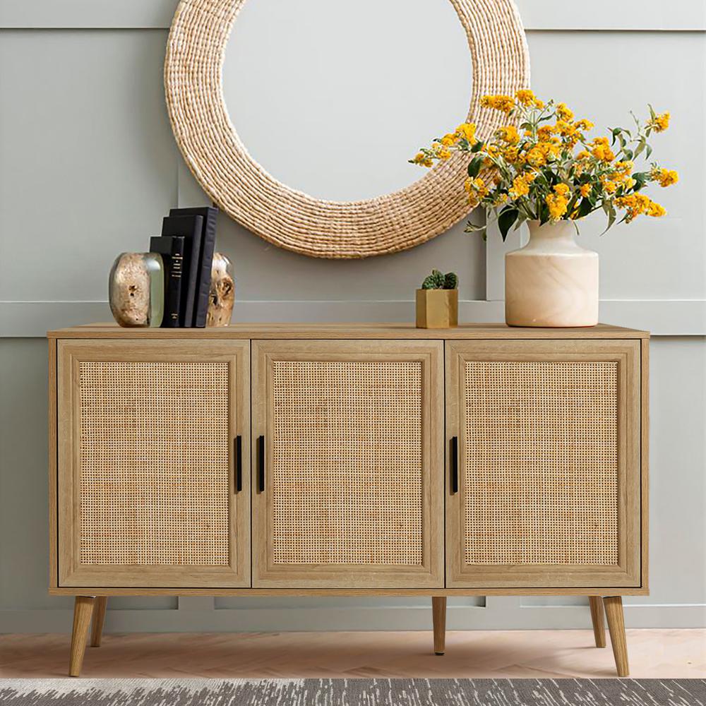 47.2" Wide 3-Door Rattan Light Oak Finish Wood Sideboard Cabinet. Picture 13