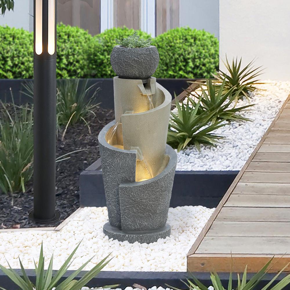 Gray Resin Cascading Spiral Outdoor Fountain with LED Lights. Picture 6