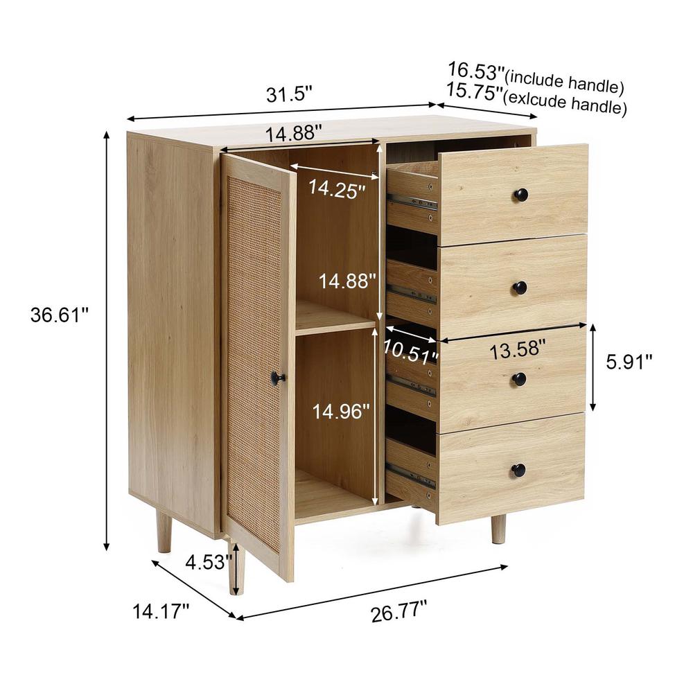 White Oak Finish Wood and Rattan 1-Door 4-Drawer Storage Cabinet. Picture 13