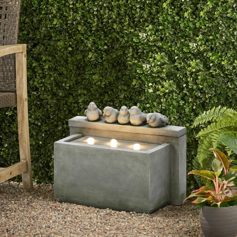 Gray Rectangular and Birds Resin Outdoor Bubbler Fountain with LED Lights. Picture 2