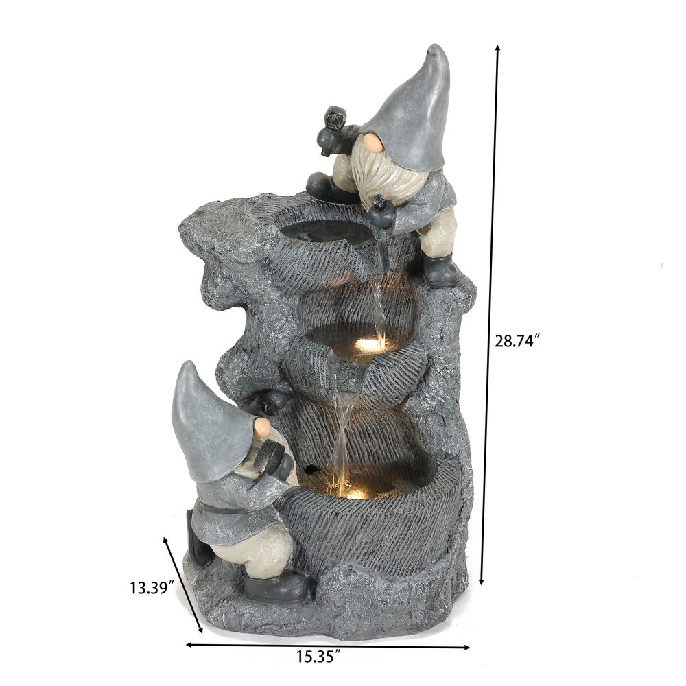 Gray Resin Gnomes Rock Bowl Outdoor Fountain with LED Lights. Picture 8