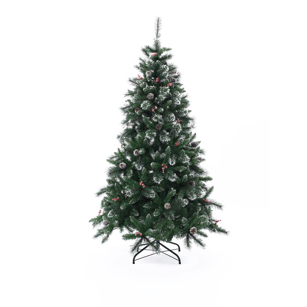 6Ft Pre-Lit LED Artificial Full Pine Christmas Tree with Pine Cones and Red Holly Berries. Picture 1