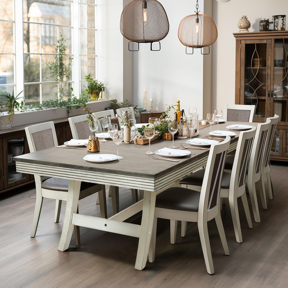 76" Rectangular Distressed Off White and Rubberwood Expandable Dining Table. Picture 8