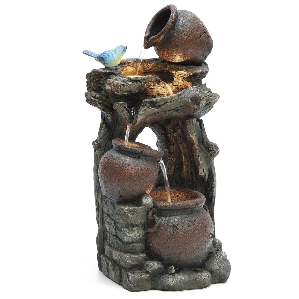 Rustic Pots and Pitchers on Tree Resin Outdoor Fountain with LED Lights. Picture 8