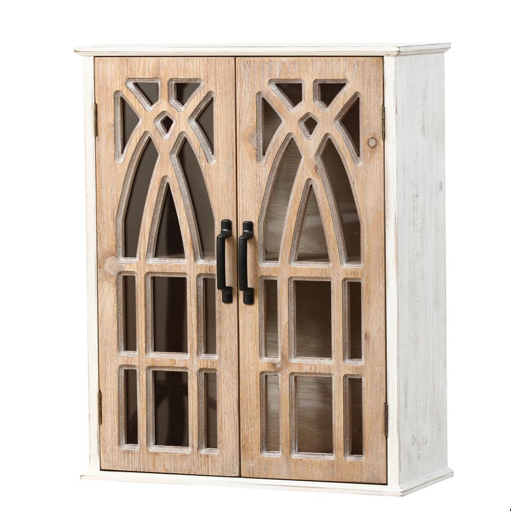 Farmhouse White and Natural MDF Wood Cathedral-Style 2-Door Wall Cabinet. Picture 1