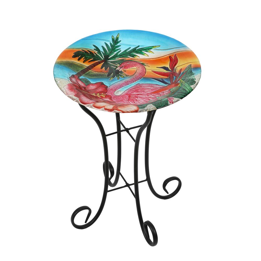 LuxenHome Flamingo Glass Bird Bath with Metal Stand. Picture 1