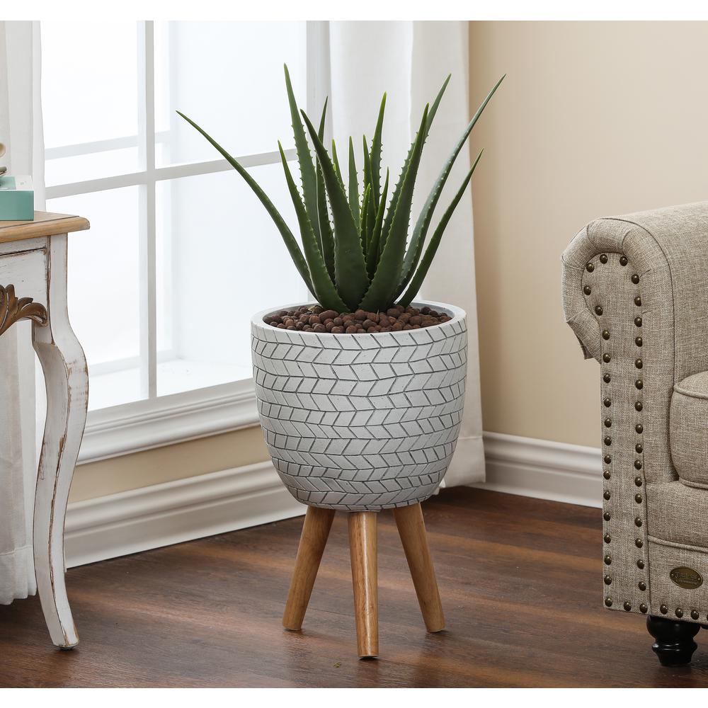 LuxenHome White Cube Design 12.1 in. Round MgO Planter with Wood Legs. Picture 2