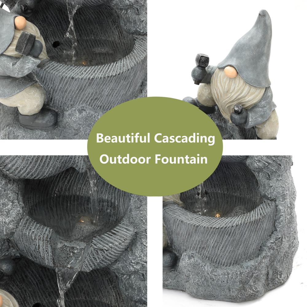 Gray Resin Gnomes Rock Bowl Outdoor Fountain with LED Lights. Picture 7