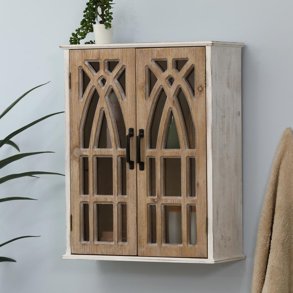 Farmhouse White and Natural MDF Wood Cathedral-Style 2-Door Wall Cabinet. Picture 4