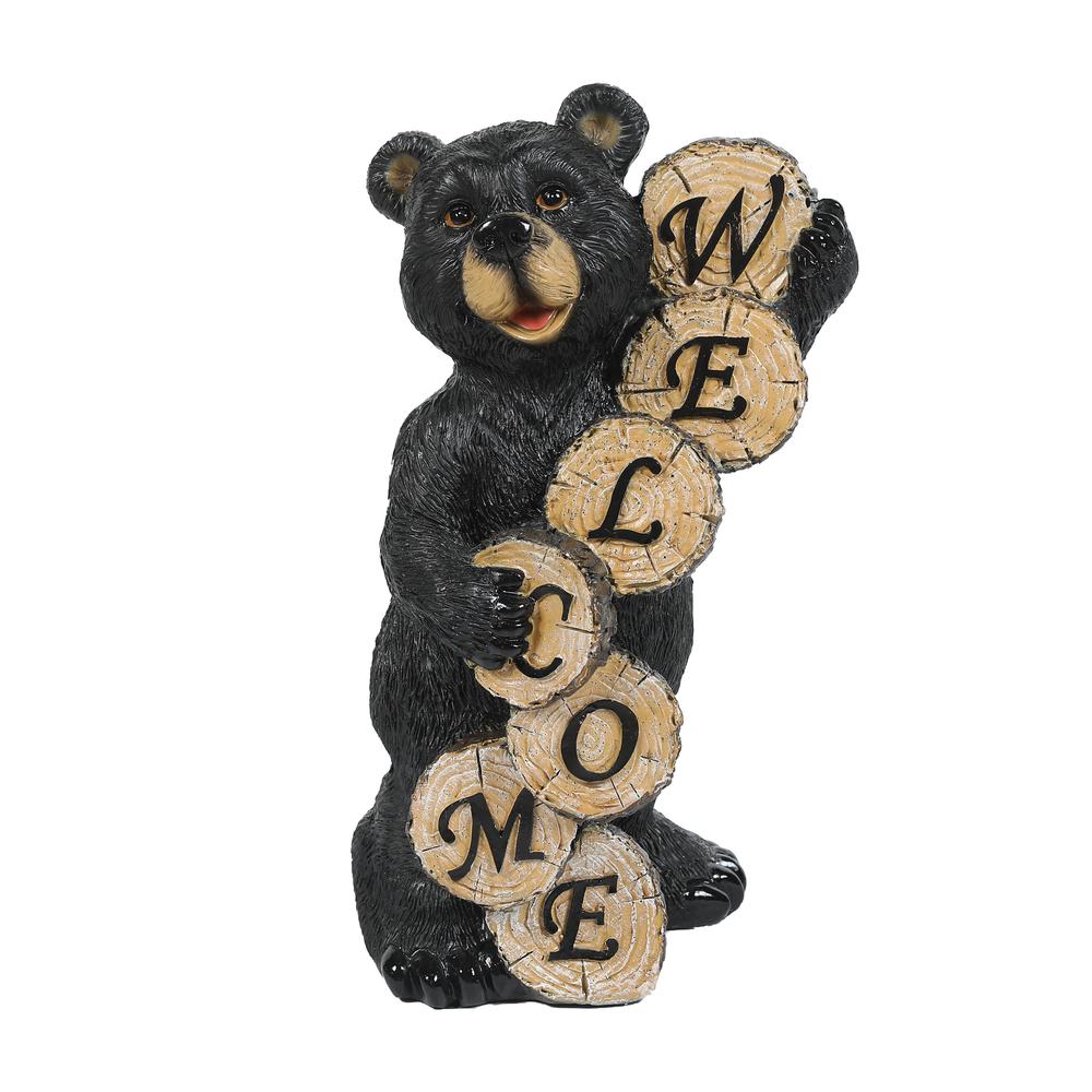 Black Resin Welcome Bear Statue. Picture 1