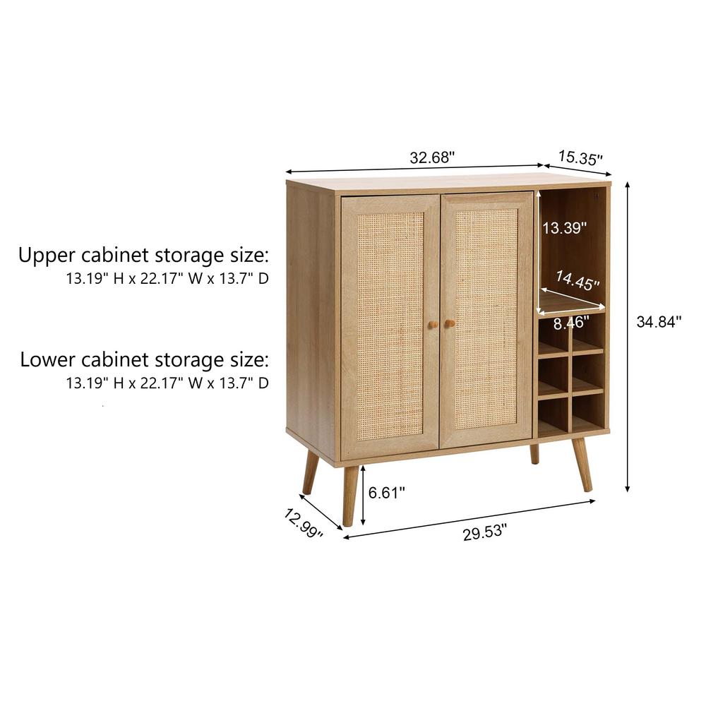 35" Tall 2-Door Rattan Light Oak Finish Wood Wine and Storage Cabinet. Picture 12