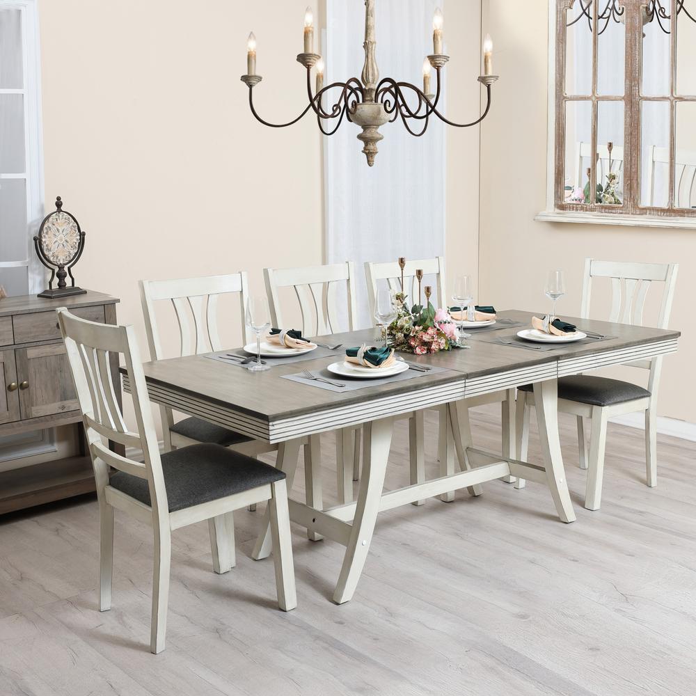 76" Rectangular Distressed Off White and Rubberwood Expandable Dining Table. Picture 7