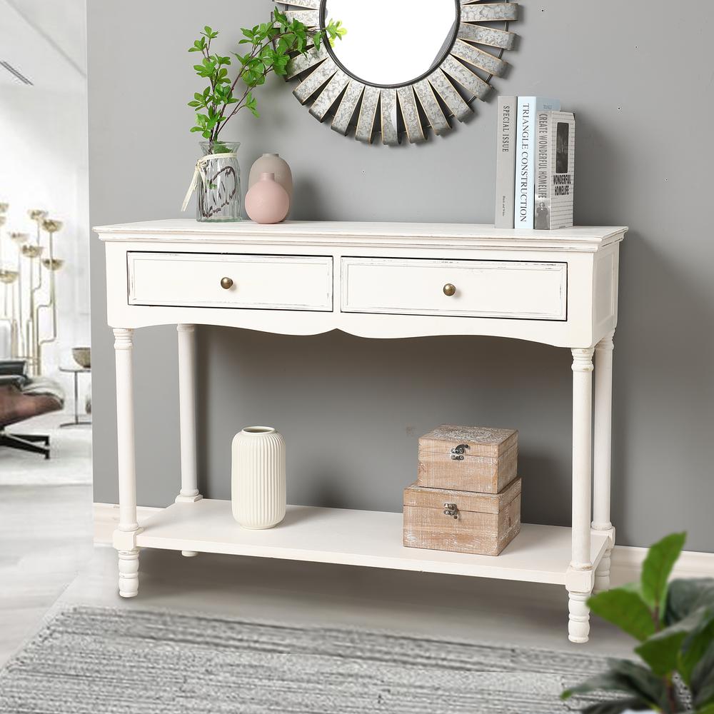LuxenHome White Wood 2-Drawer Storage Console Table. Picture 3