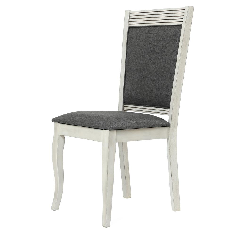 Distressed Off White Rubberwood and Gray Upholstered Dining Chair, Set of 2. Picture 5