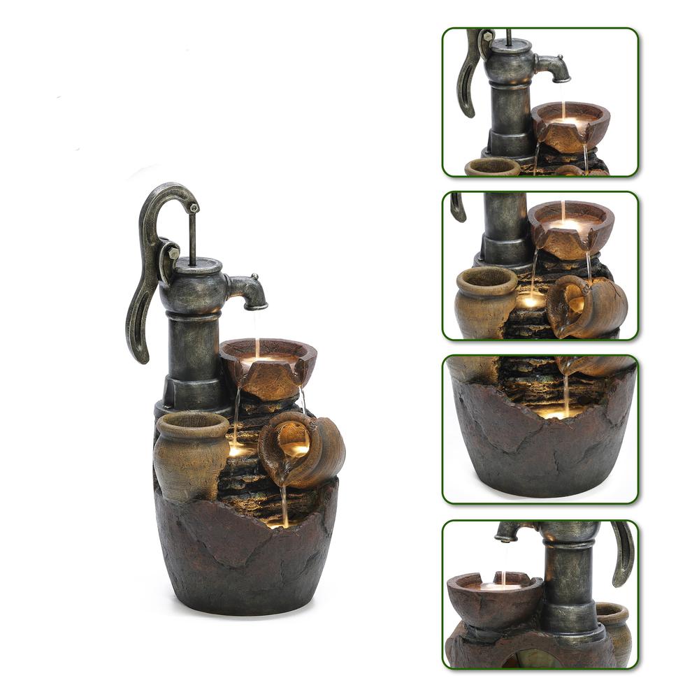 Farmhouse Pump and Pots Resin Outdoor Fountain with LED Lights. Picture 8