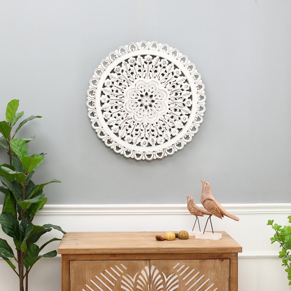 White Wood Flower Round Wall Decor. Picture 2