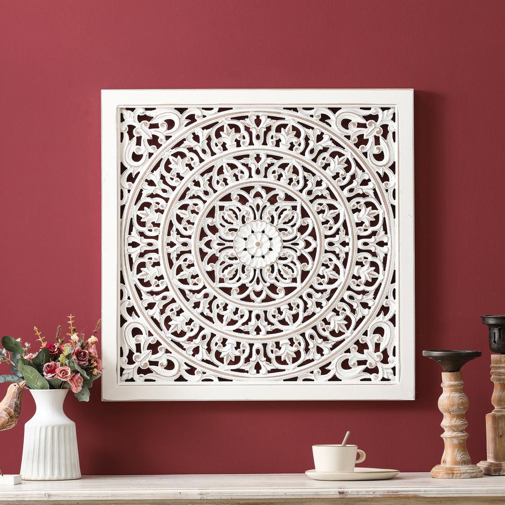 White Wood Square Floral-Patterned Wall Decor. Picture 2