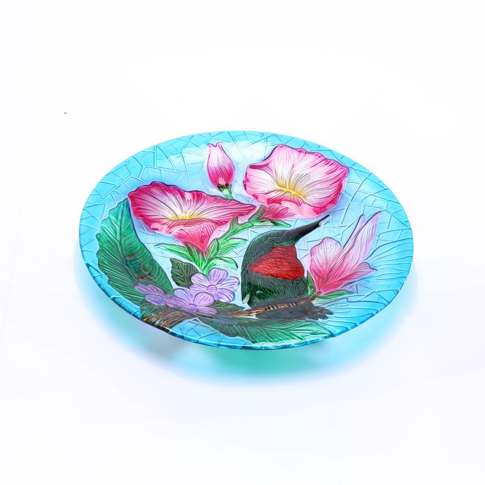 LuxenHome Hummingbird Floral Glass Bird Bath with Metal Stand. Picture 7