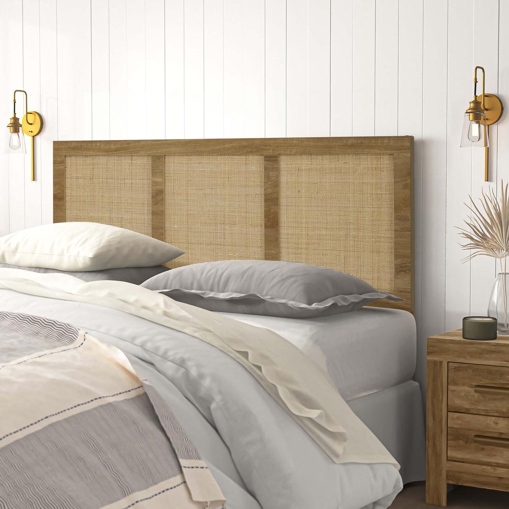 Oak Finish Manufactured Wood with Natural Rattan Panels Headboard, Queen. Picture 5