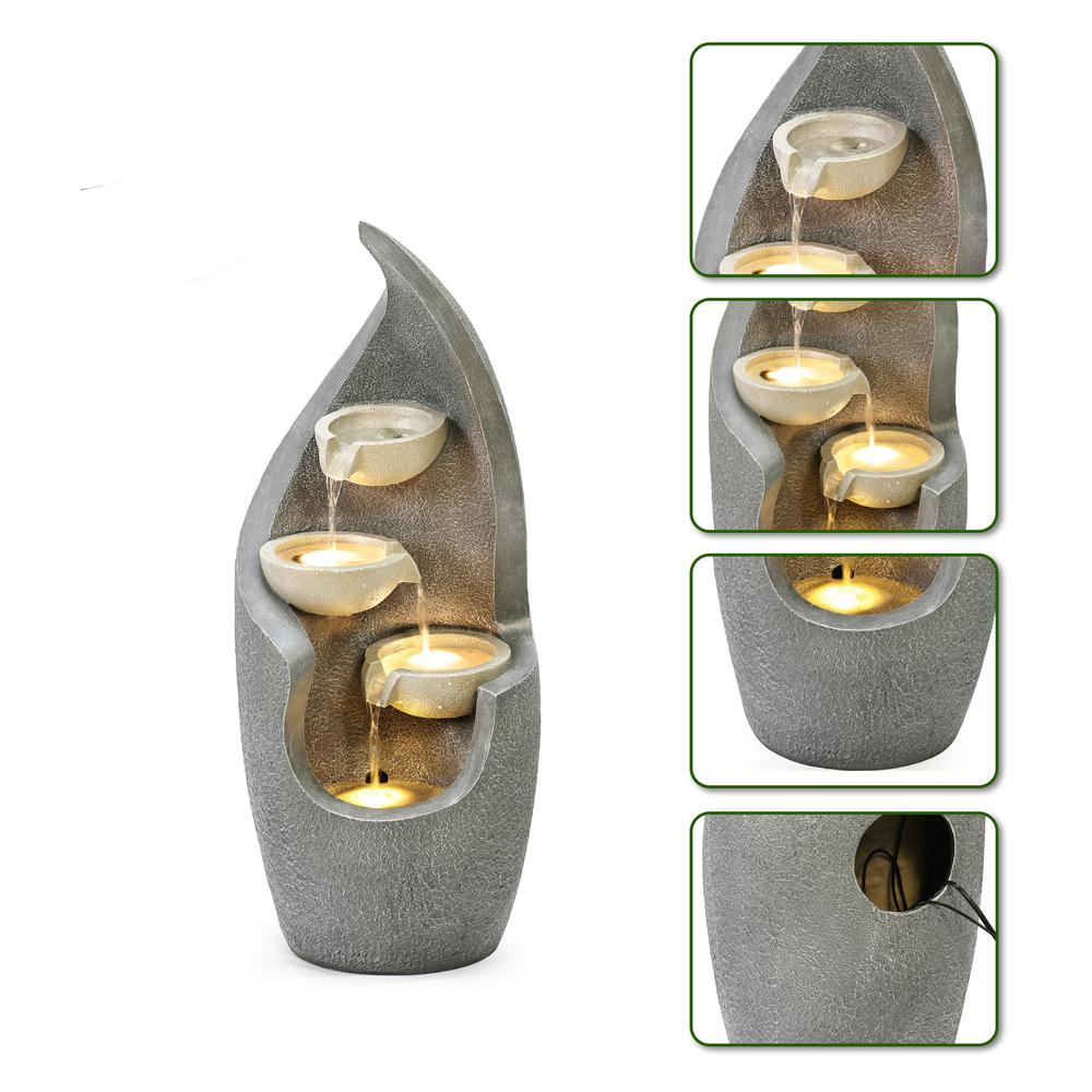 Gray Curves Cascading Bowls Resin Outdoor Fountain with LED Lights. Picture 9