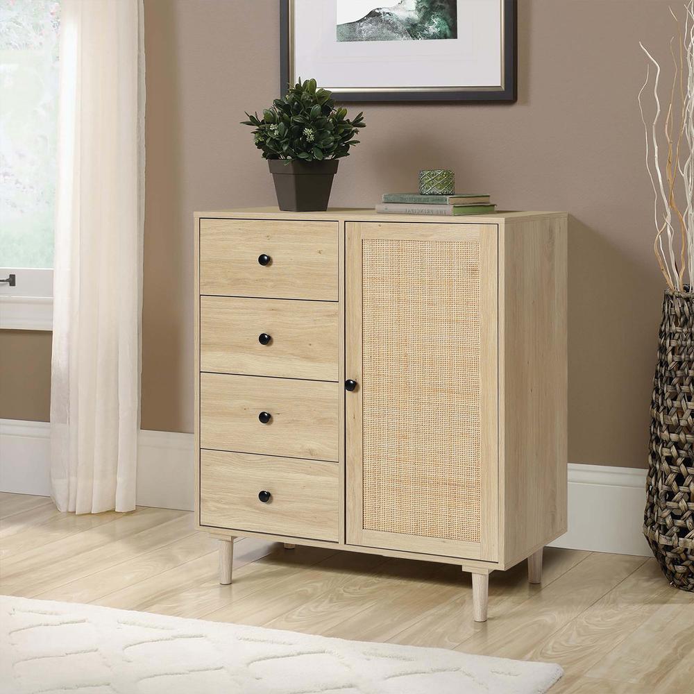 White Oak Finish Wood and Rattan 1-Door 4-Drawer Storage Cabinet. Picture 17