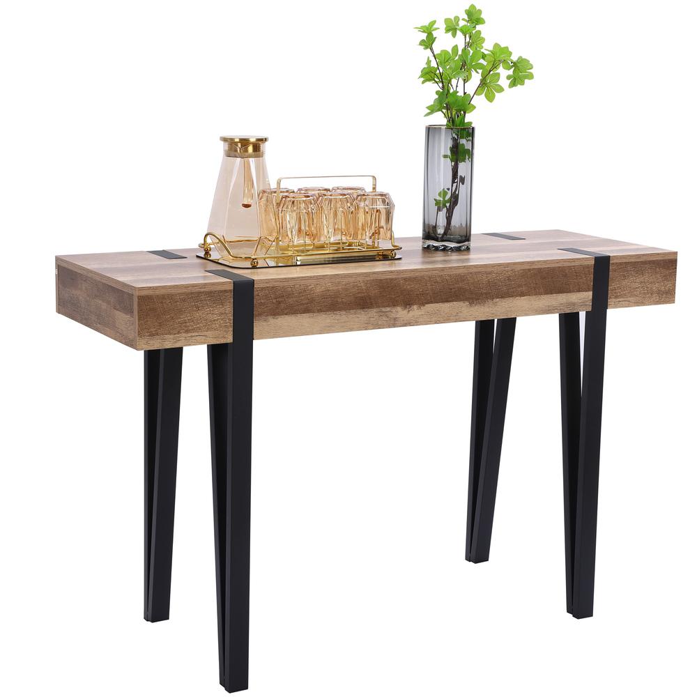 Oak Finish MDF Wood Black Metal Console Entry Table. Picture 6