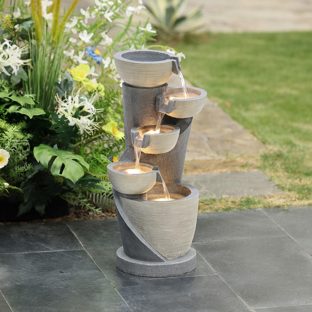 Gray Cascading Bowls and Column Resin Outdoor Fountain with LED Lights. Picture 4