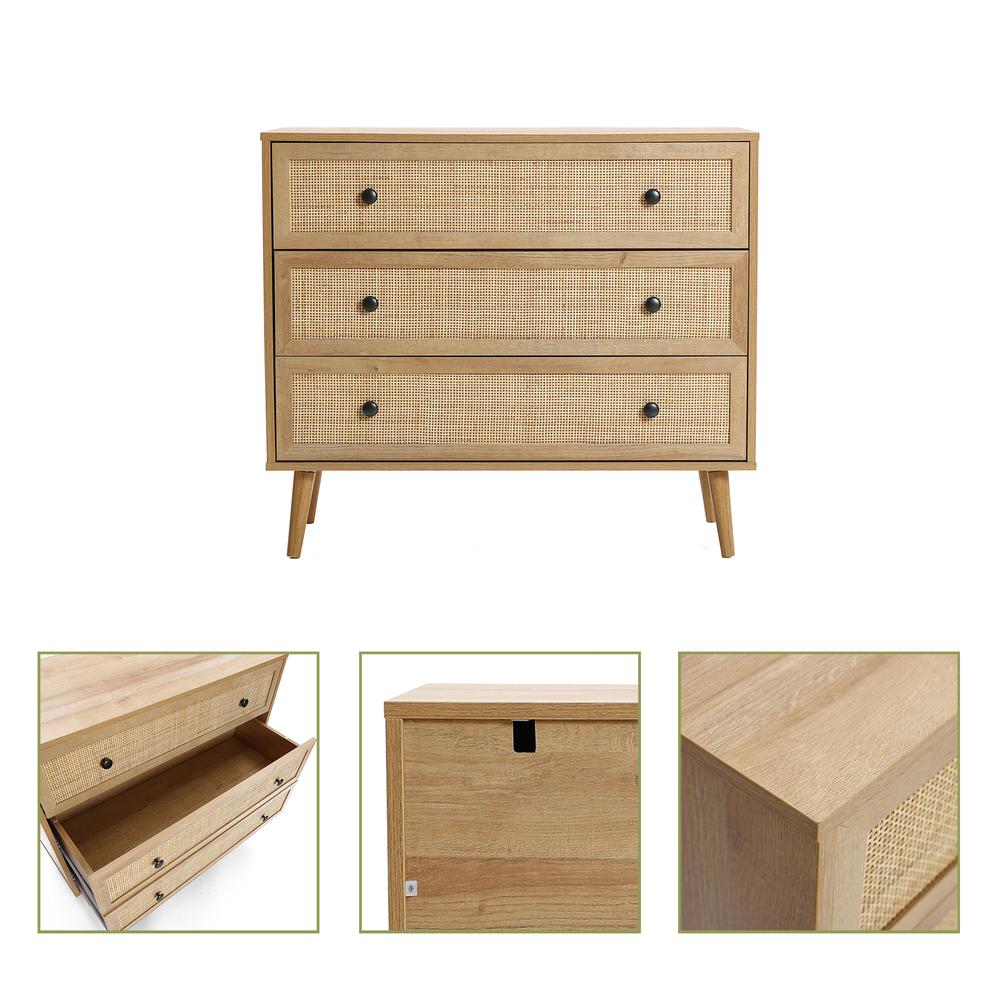 35.4" Wide 3-Drawer Rattan Light Oak Finish Wood Dresser. Picture 8