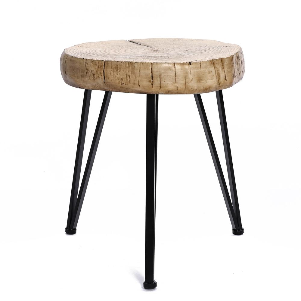 Natural Faux Wood Top with Black Metal Legs Side Table, Indoors and Outdoors. Picture 2