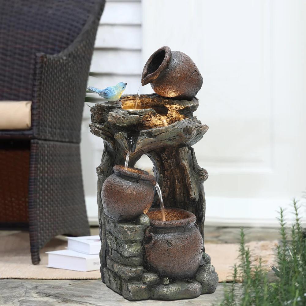 Rustic Pots and Pitchers on Tree Resin Outdoor Fountain with LED Lights. Picture 4