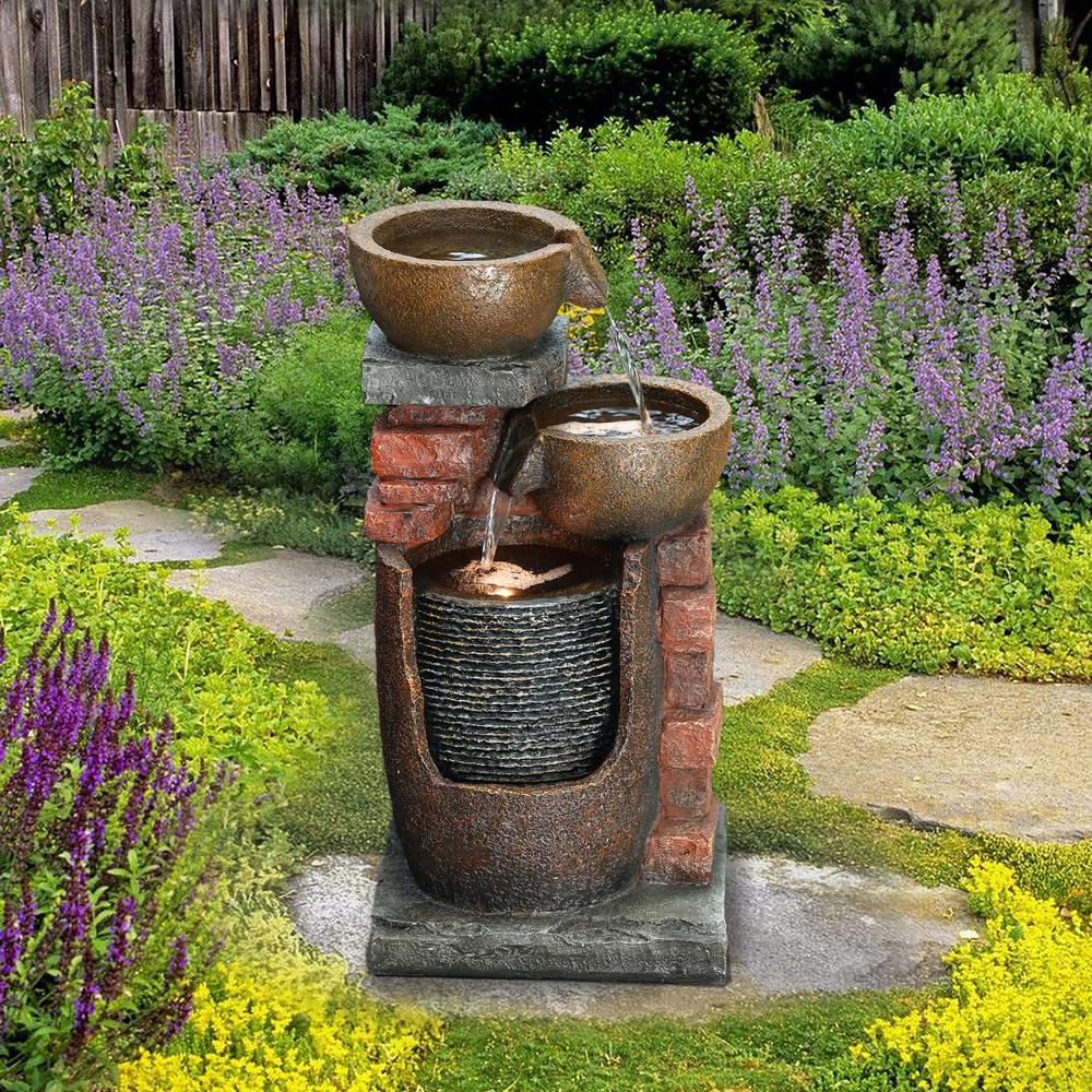 23" H Bowls and Bricks Resin Outdoor Fountain with LED Lights. Picture 3