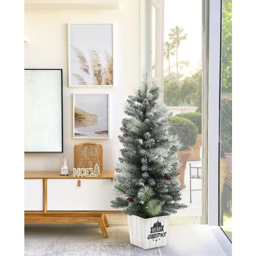 4Ft Pre-Lit LED Artificial Flocked Pine Christmas Tree with Pine Cones and Square Pot. Picture 2