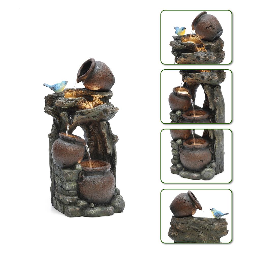 Rustic Pots and Pitchers on Tree Resin Outdoor Fountain with LED Lights. Picture 10