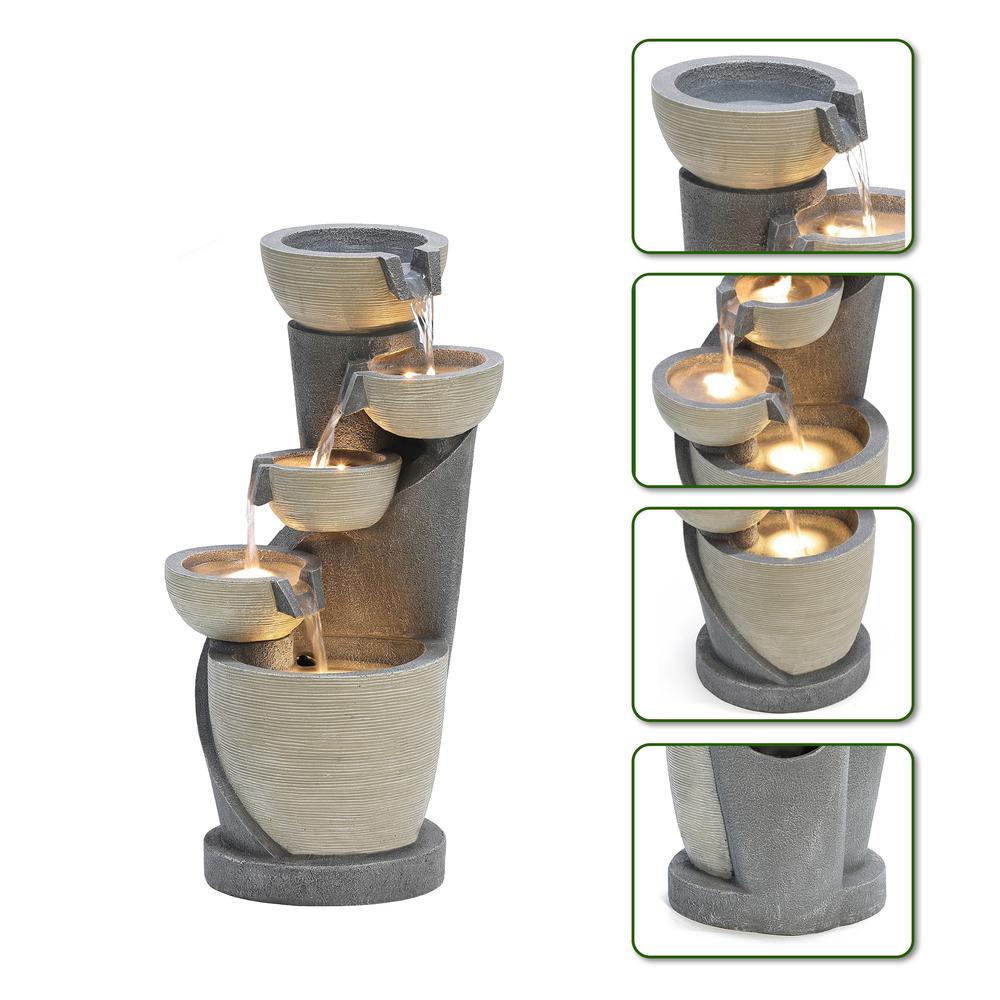 Gray Cascading Bowls and Column Resin Outdoor Fountain with LED Lights. Picture 9