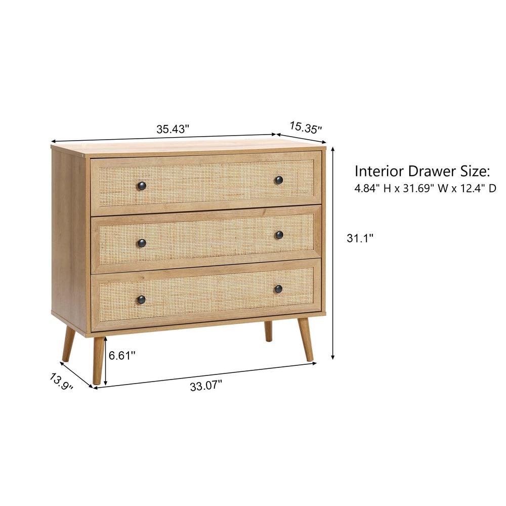 35.4" Wide 3-Drawer Rattan Light Oak Finish Wood Dresser. Picture 11