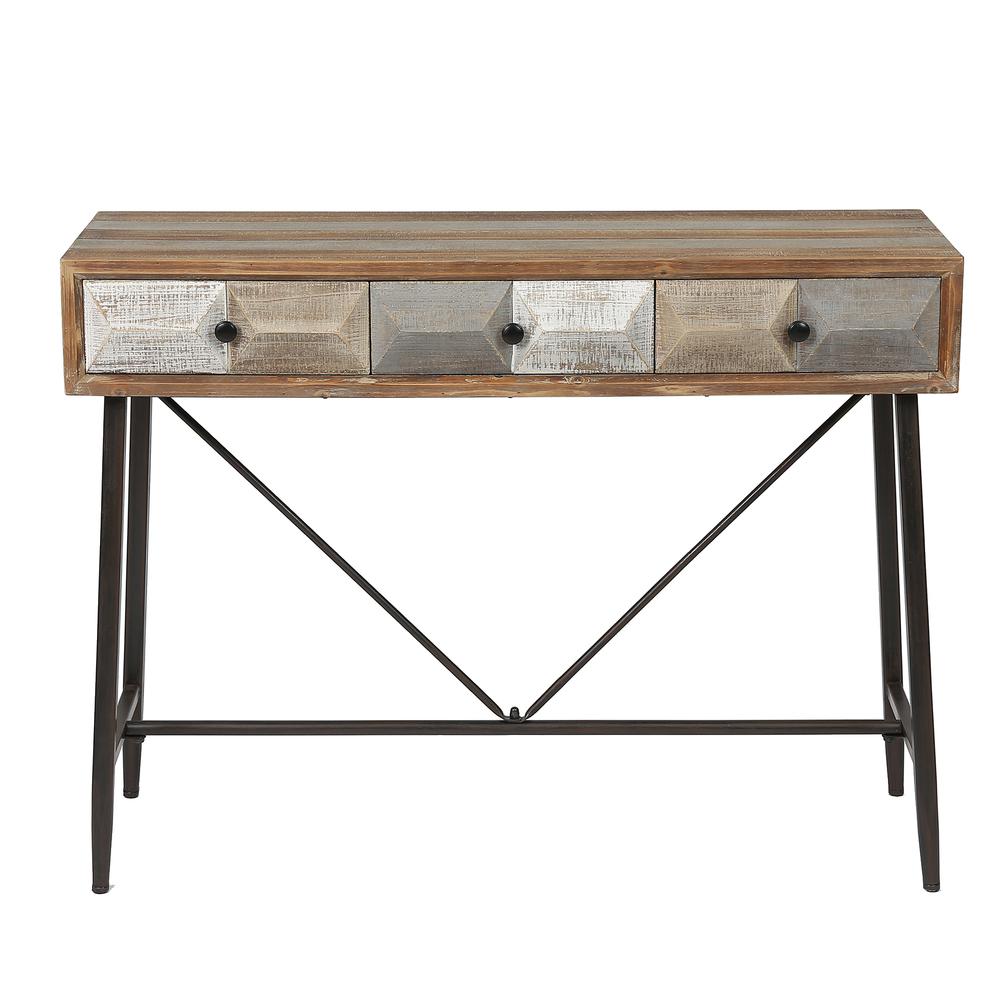 Rustic Mid-Century Three Drawer Console Table. Picture 1