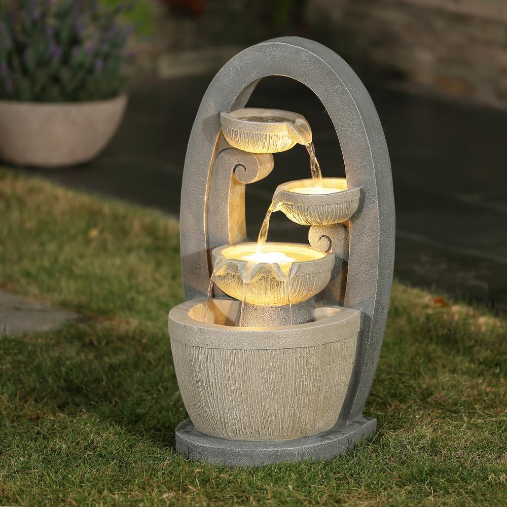 Gray Oval Cascading Bowls Resin Outdoor Fountain with LED Lights. Picture 5