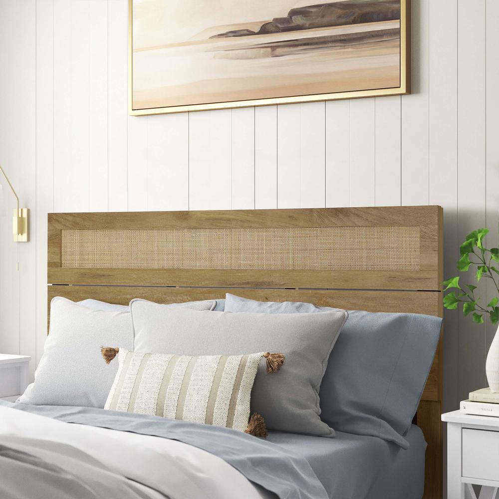 Oak Finish Manufactured Wood with Natural Rattan Top Headboard, Queen. Picture 4