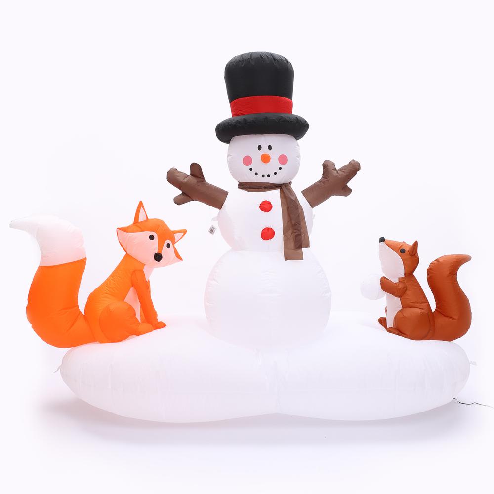 6Ft Snowman with Fox and Squirrel Inflatable with Multi-Color Disco Lights. Picture 1
