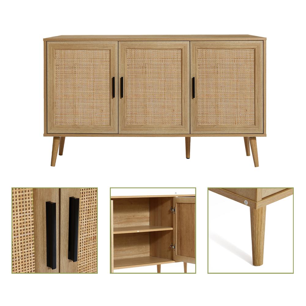 47.2" Wide 3-Door Rattan Light Oak Finish Wood Sideboard Cabinet. Picture 9