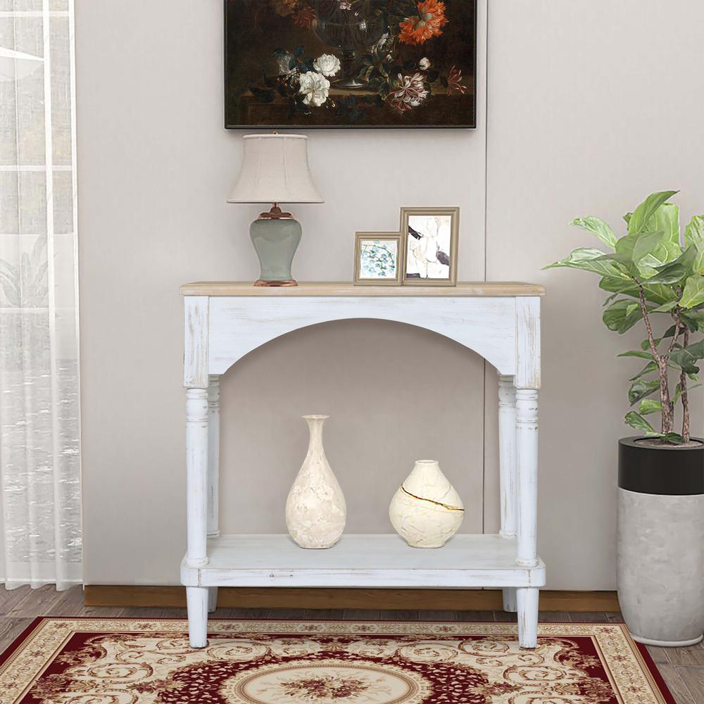 Farmhouse White and Natural Wood Single Shelf Console Table. Picture 2