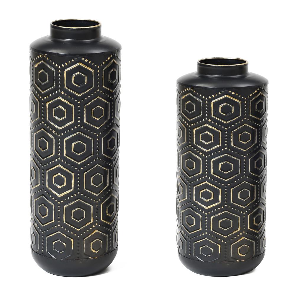 Set of 2 Black and Gold Metal Bottle Vases. Picture 1