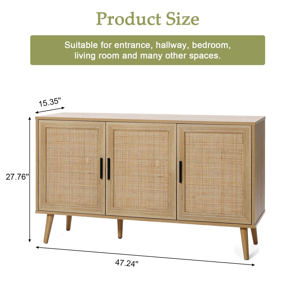 47.2" Wide 3-Door Rattan Light Oak Finish Wood Sideboard Cabinet. Picture 11