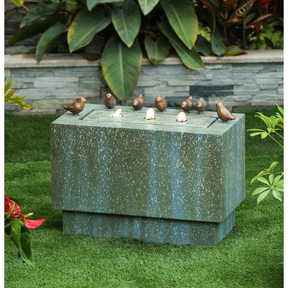 Patina Resin Rectangular Bubbler Outdoor Fountain with LED Lights and Bronze Birds. Picture 3