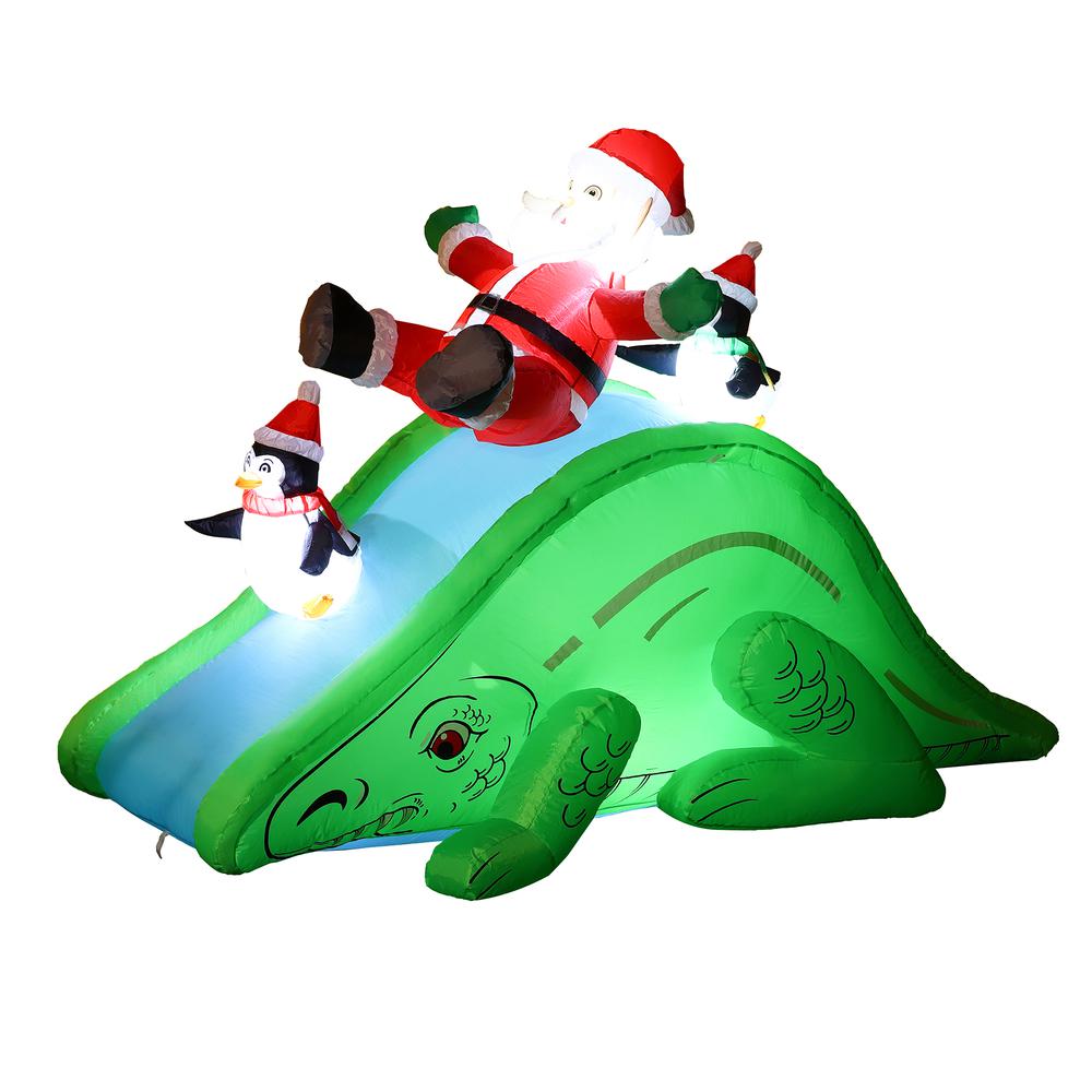 Santa and Penguins Trio Sliding on a Dinosaur Inflatable Holiday Decoration. Picture 5