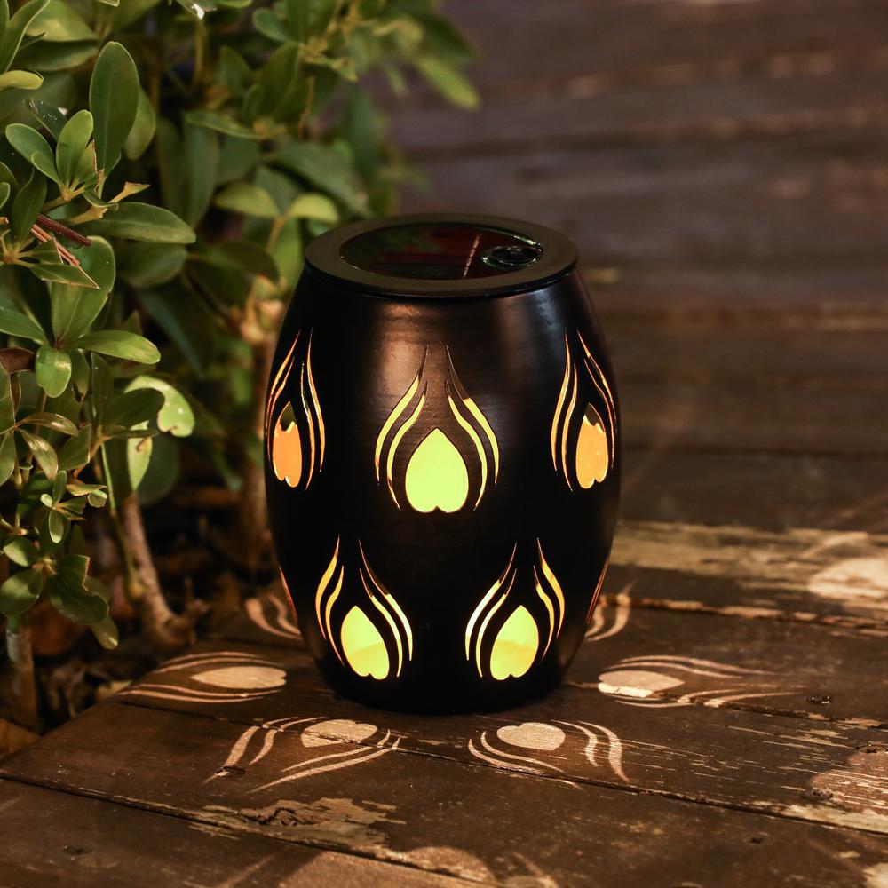 LuxenHome 6-Inch Black Fire Metal Solar Powered Outdoor Decorative Lantern. Picture 3