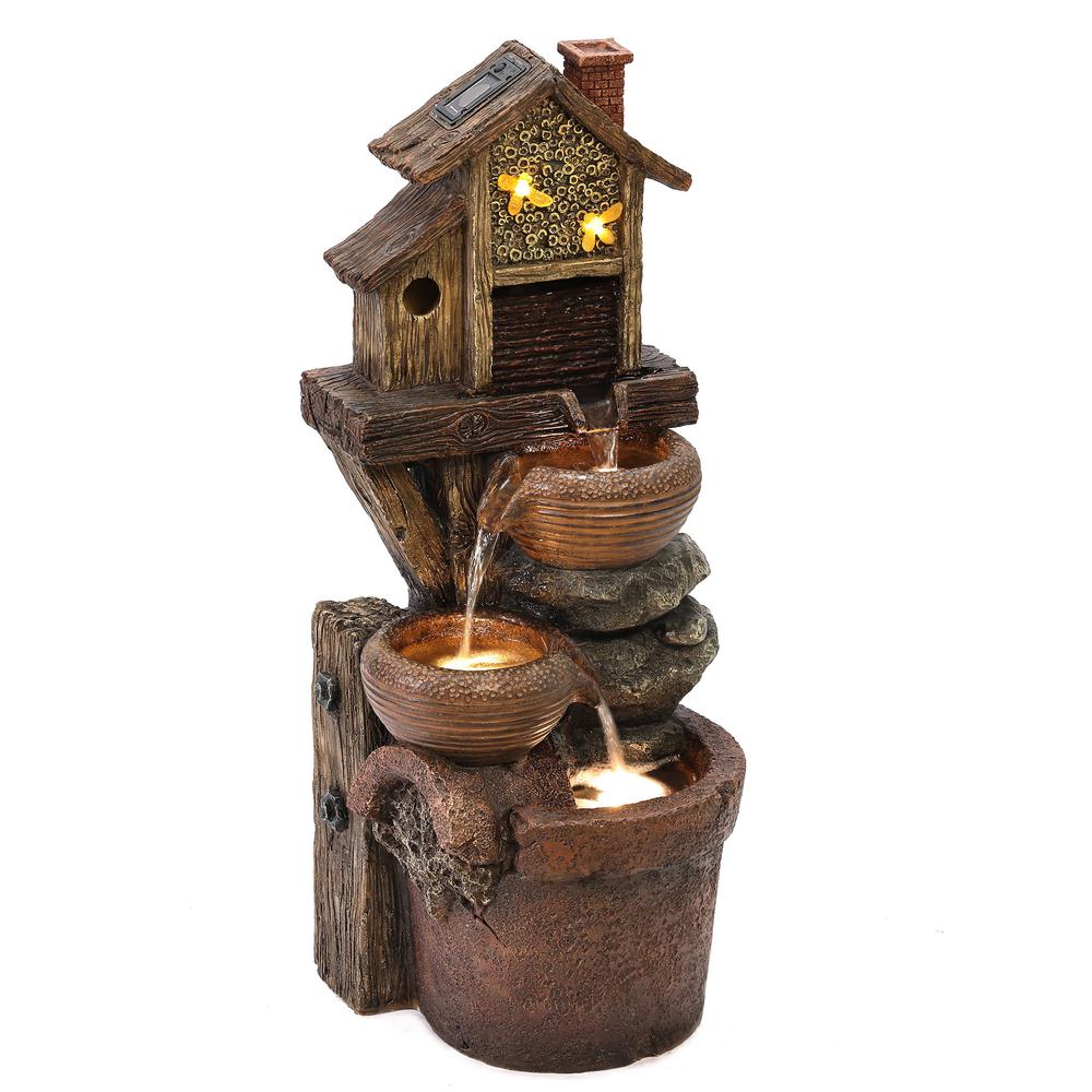 29.1" H Bowls and Birdhouse Resin Outdoor Fountain with LED Lights. Picture 6