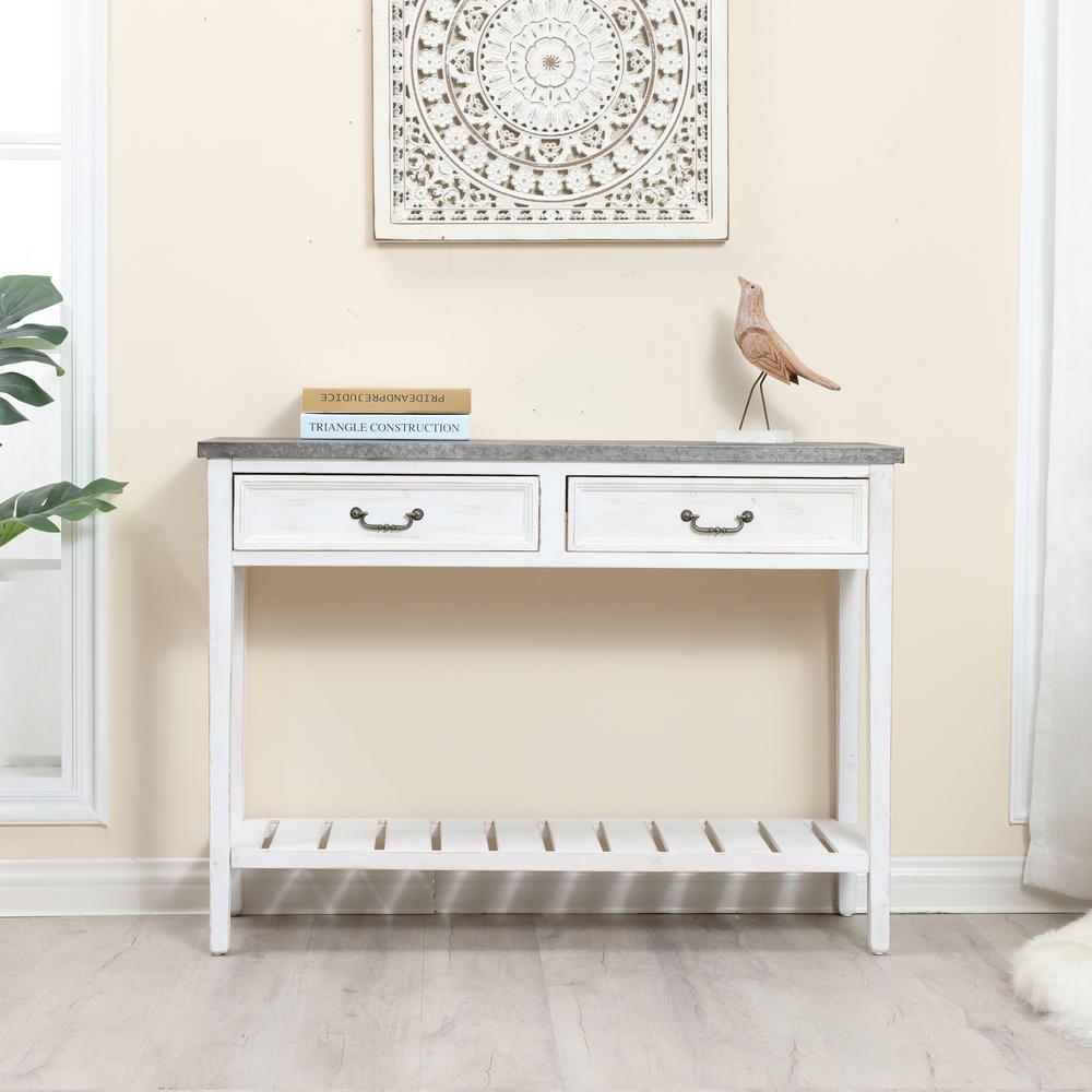 Farmhouse Distressed White Wood and Metal Console Table. Picture 2